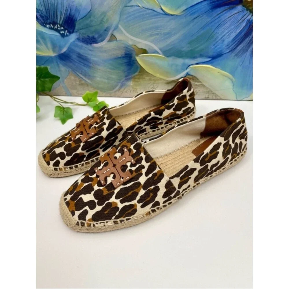 New Tory Burch Ines Leopard Print Canvas Espadrille Flats Brown Tan Women 9.5